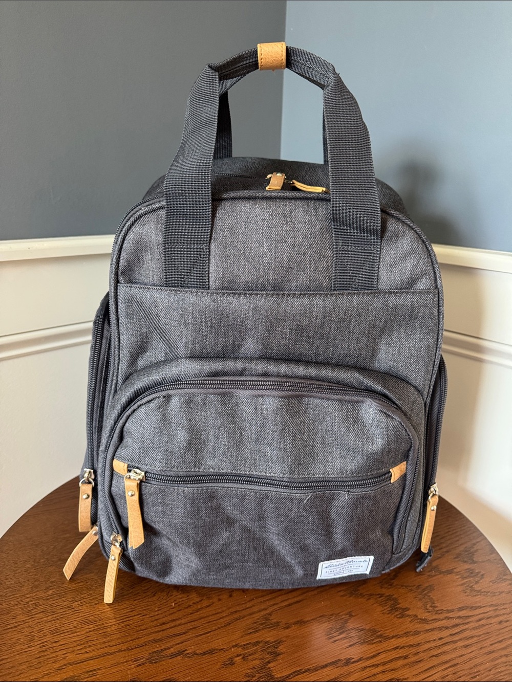 Eddie Bauer Grey Diaper Bag Backpack with Camel Accents - New